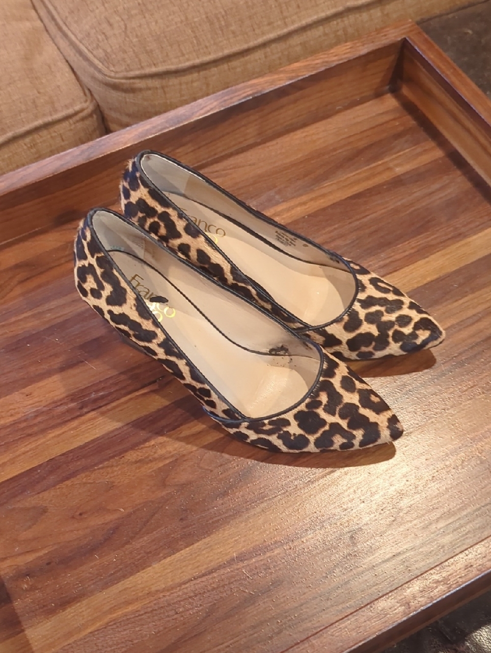 Franco Sarto Leopard Print Pointed Toe Wedges in Tan and Black